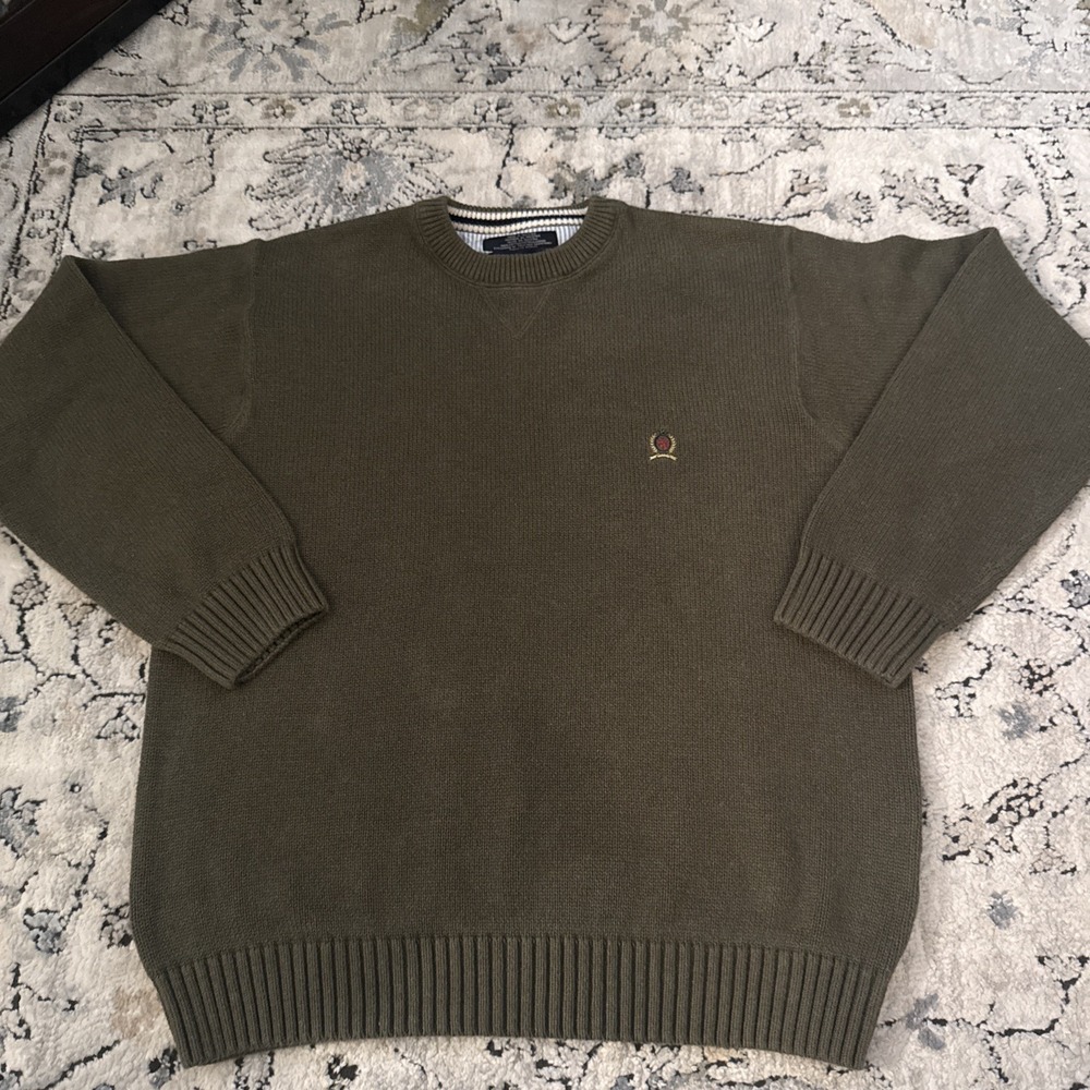 Vintage Tommy Hilfiger Olive Green Crewneck Sweater -100% Cotton-Large